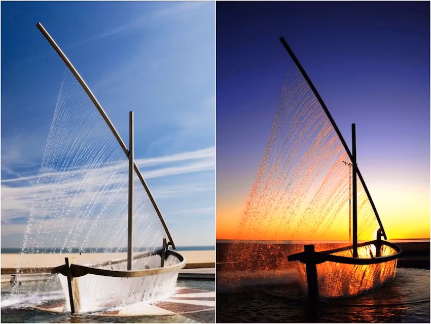 Đài phun nước hình thuyền buồm nằm ở bãi biển Malvarrosa, Valencia, Tây Ban Nha.