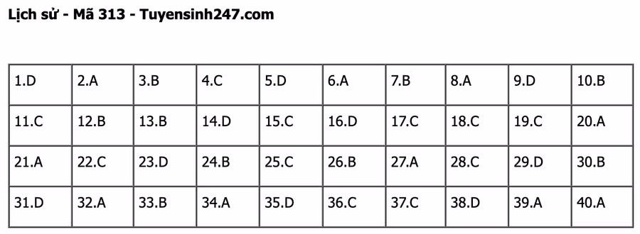 Đáp án môn Lịch sử mã đề 313 do giáo viên Tuyensinh247 thực hiện. 