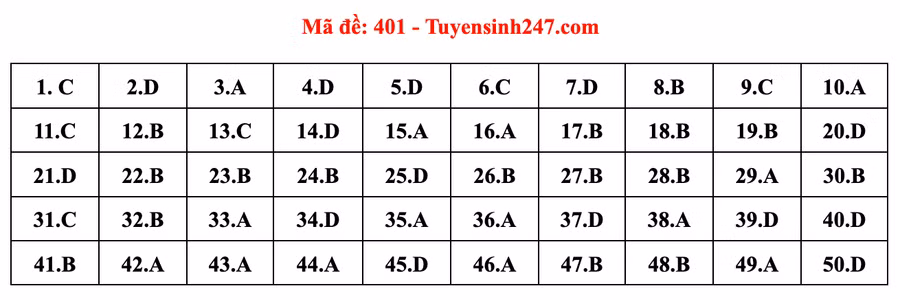 Đáp án đề thi môn tiếng Anh mã đề 401 kỳ thi THPT 2022 