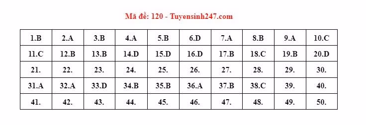 Đáp án môn Toán thi tốt nghiệp THPT 2022 mã đề 120. Ảnh: CMH