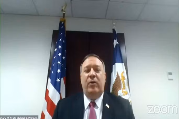  Ngoại trưởng Mỹ Mike Pompeo phát biểu trong cuộc họp trực tuyến. Ảnh: ANI