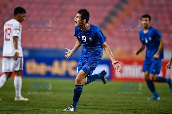  Niềm vui của Ilkhomjon Alijanov sau khi gỡ hòa 1-1 cho U23 Uzbekistan - Ảnh: AFC