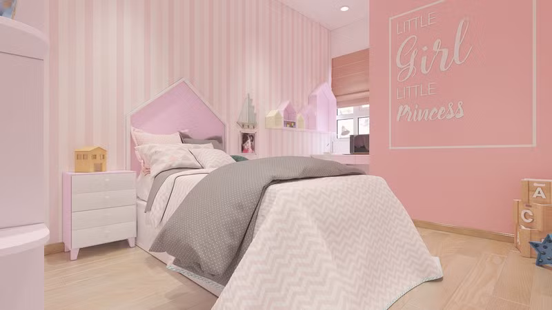 Phòng cô con gái út được sơn lại bằng tông màu hồng xinh xắn. Phòng cô con gái út được sơn lại bằng tông màu hồng xinh xắn.
