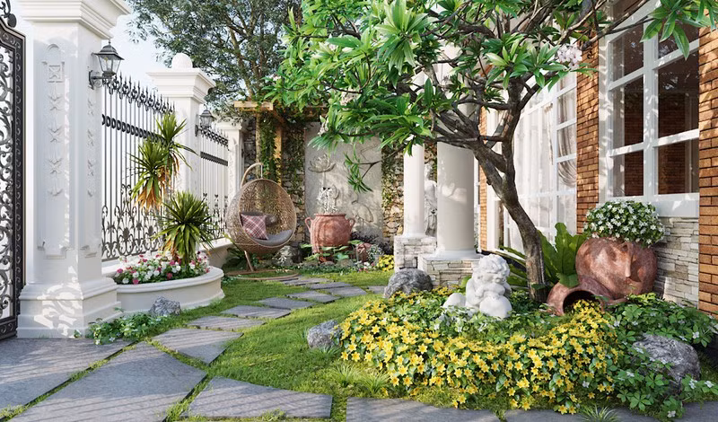 Chỉ đơn giản là một vài chậu cây, chiếc bình cũ, võng tre cũng đã giúp lối vào trước nhà bỗng chốc xanh tươi, xóa đi sự nhàm chán vốn có. Chỉ đơn giản là một vài chậu cây, chiếc bình cũ, võng tre cũng đã giúp lối vào trước nhà bỗng chốc xanh tươi, xóa đi sự nhàm chán vốn có.