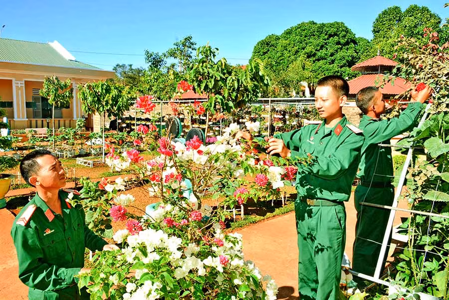  Chiến sĩ Đại đội 6 (Tiểu đoàn 2, Trung đoàn 48) tranh thủ chăm sóc cảnh quan môi trường đơn vị trước khi về làng đón Tết. Ảnh: N.A.S