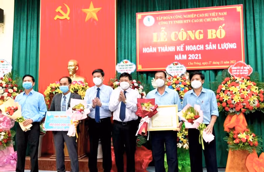 Lãnh đạo Tập đoàn CNCS Việt Nam và Vụ Nông nghiệp Ủy ban quản lý vốn Nhà nước tại doanh nghiệp trao bằng khen và tiền thưởng cho tập thể Cao su Chư Prông. Ảnh: Đinh Yến