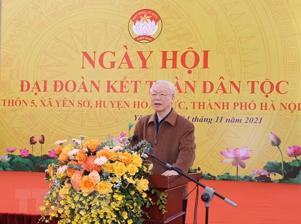 Tổng Bí thư Nguyễn Phú Trọng phát biểu tại Ngày hội Đại đoàn kết toàn dân tộc ở thôn 5