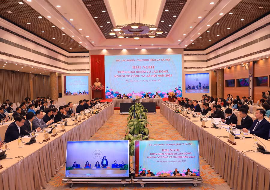 Toàn cảnh hội nghị tại điểm cầu Hà Nội. Ảnh: Bộ Lao động-Thương binh và Xã hội